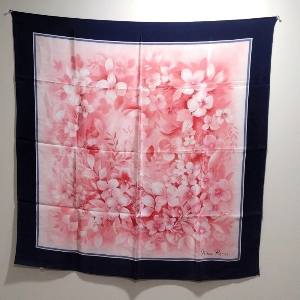 Luxury Nina Ricci Silk Scarf – Pink Floral Design with Blue, Grey & White 30x30